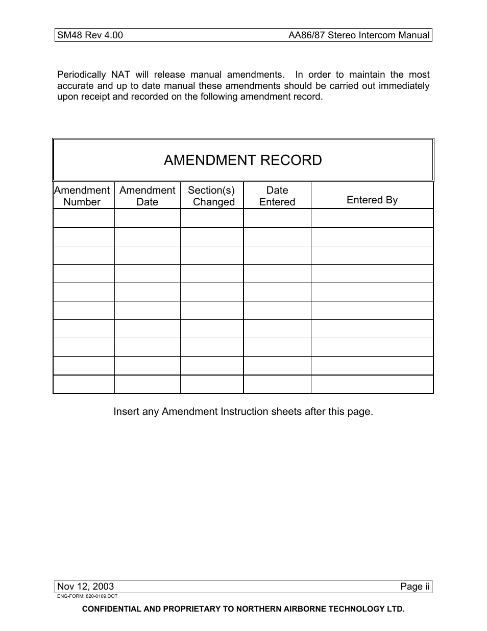 Amendment record | Northern Airborne Technology AA86 User Manual | Page 2 / 25