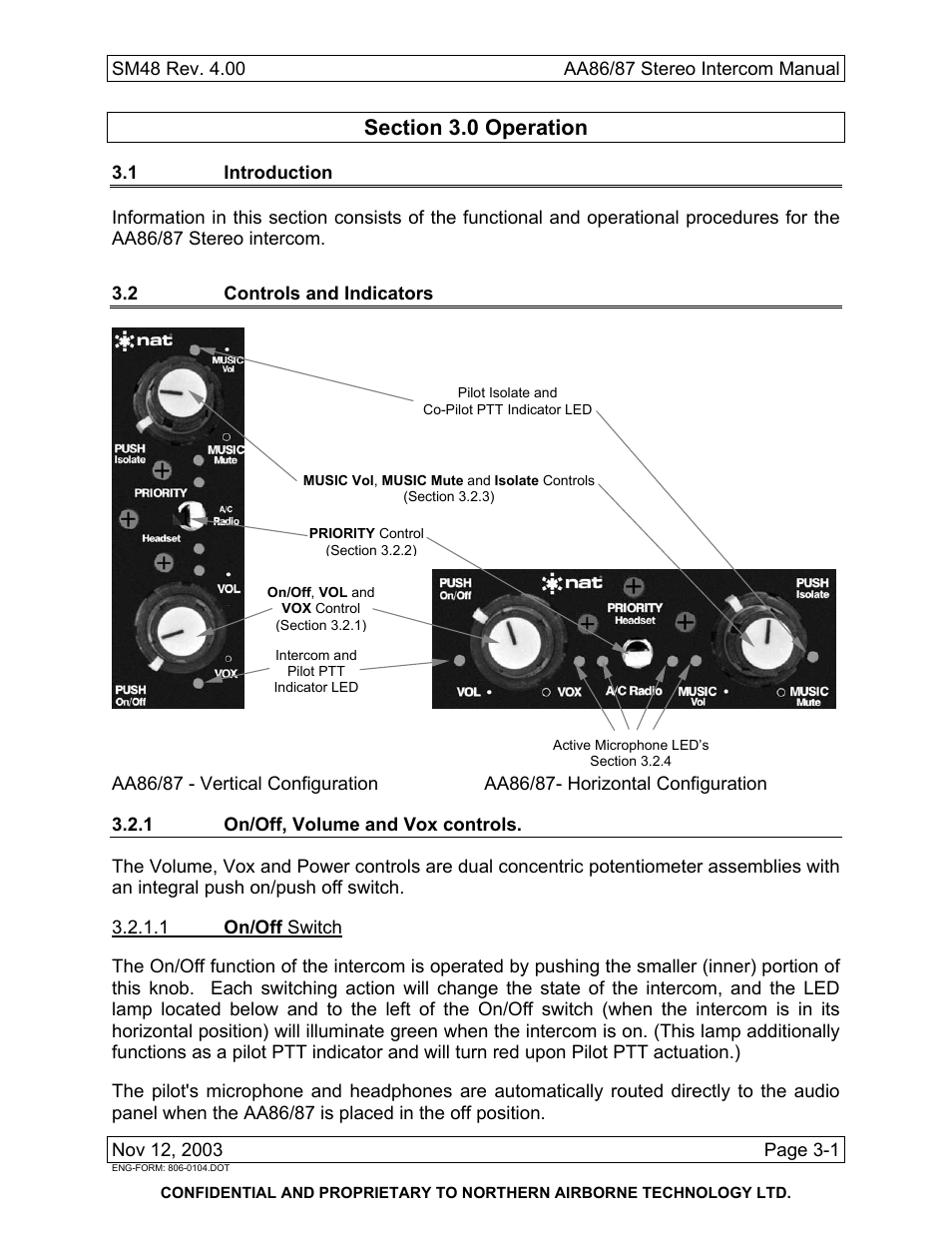 Operation, 1 introduction, 2 controls and indicators | 1 on/off, volume and vox controls | Northern Airborne Technology AA86 User Manual | Page 21 / 25