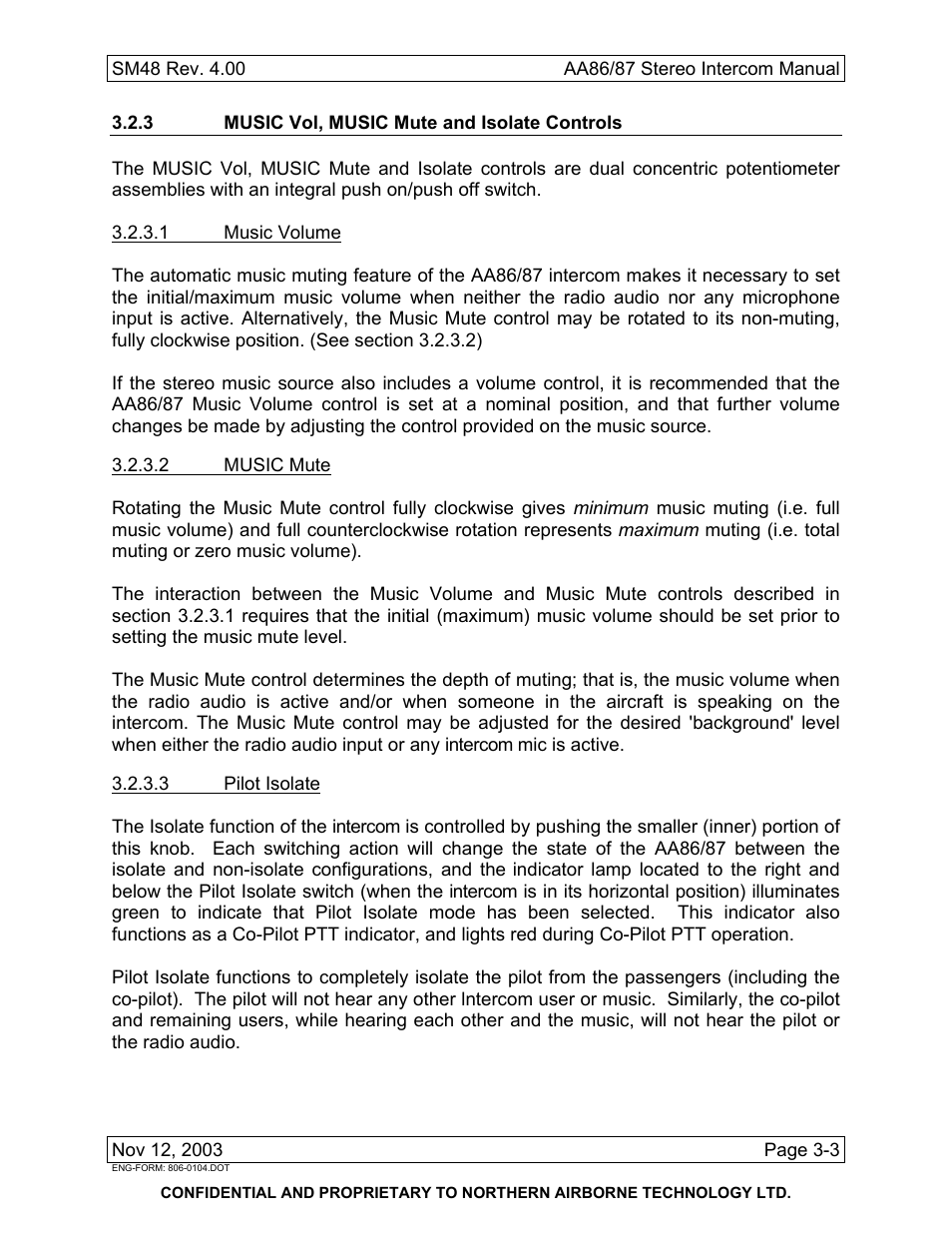 3 music vol, music mute and isolate controls | Northern Airborne Technology AA86 User Manual | Page 23 / 25