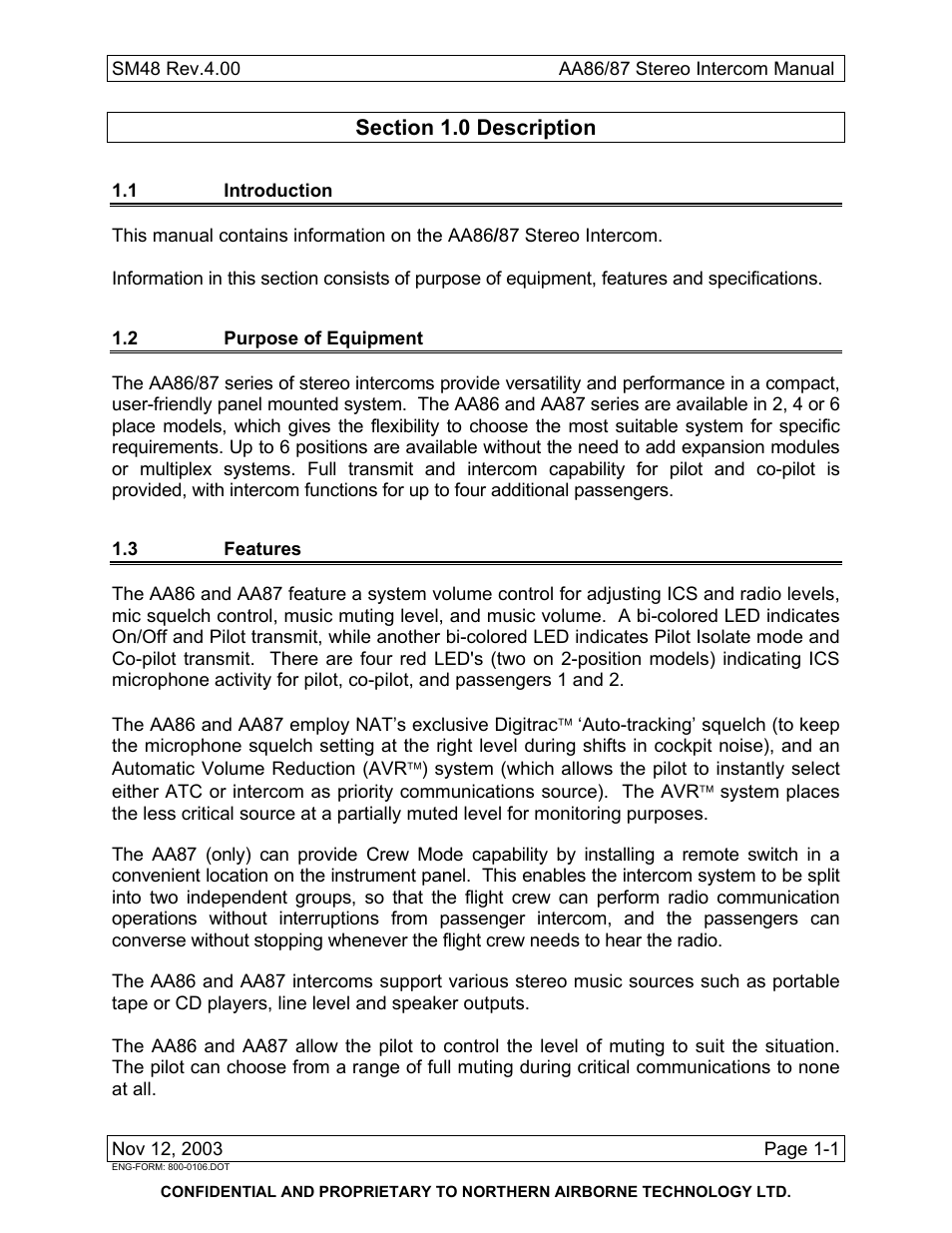 Description, 1 introduction, 2 purpose of equipment | 3 features | Northern Airborne Technology AA86 User Manual | Page 4 / 25