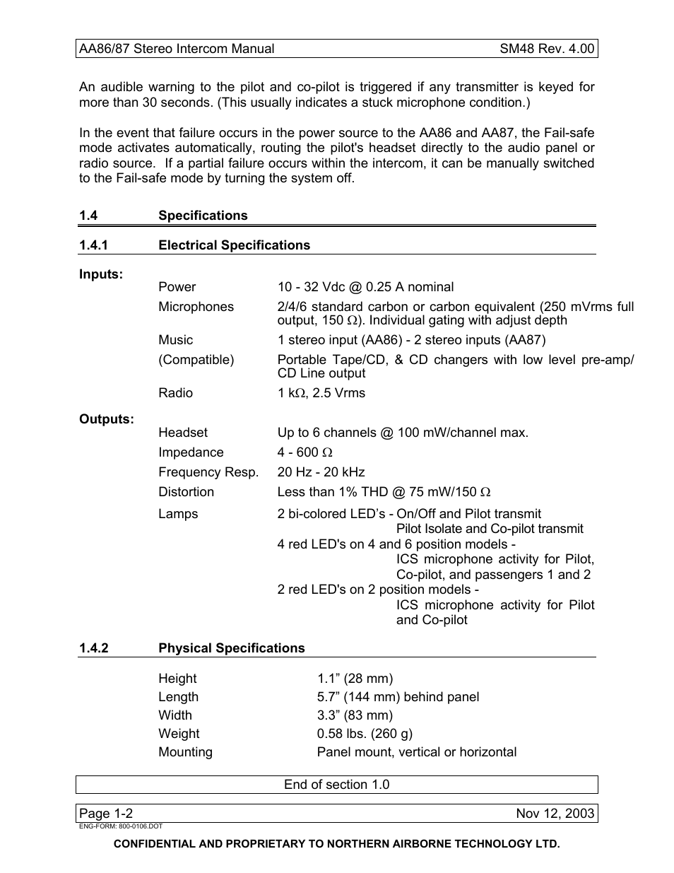 4 specifications, 1 electrical specifications, 2 physical specifications | Northern Airborne Technology AA86 User Manual | Page 5 / 25