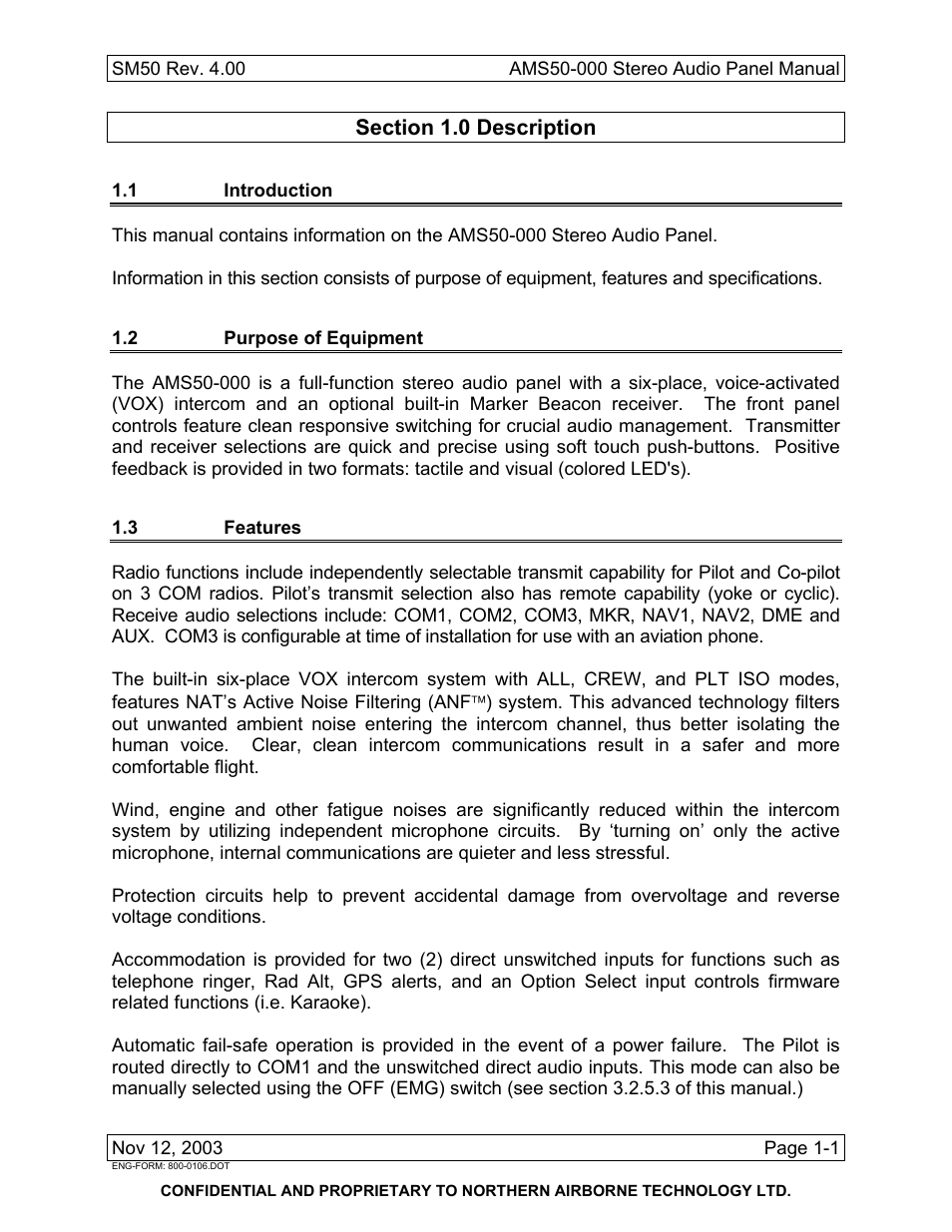 Description, 1 introduction, 2 purpose of equipment | 3 features | Northern Airborne Technology AMS50 User Manual | Page 13 / 54