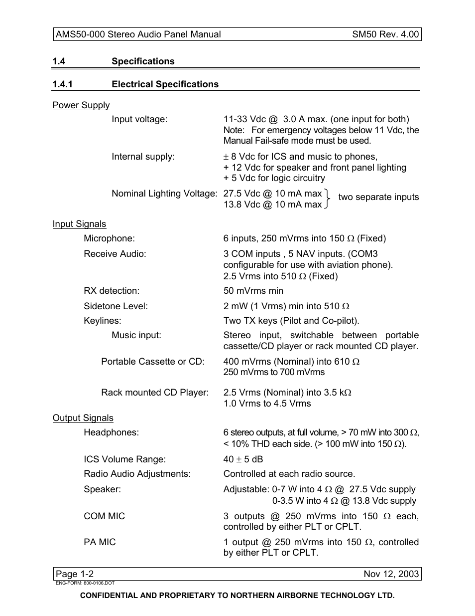 4 specifications, 1 electrical specifications | Northern Airborne Technology AMS50 User Manual | Page 14 / 54