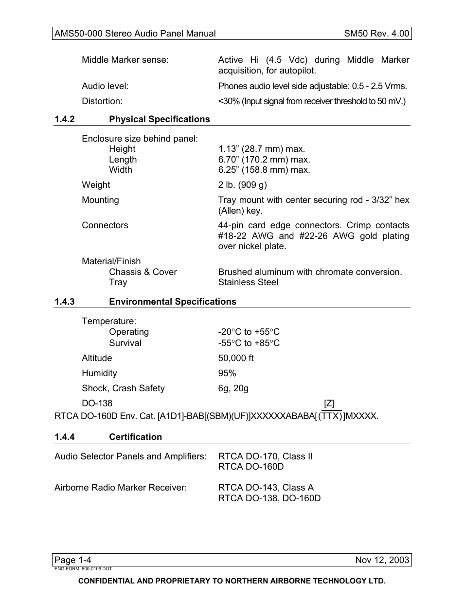 2 physical specifications, 3 environmental specifications, 4 certification | Northern Airborne Technology AMS50 User Manual | Page 16 / 54