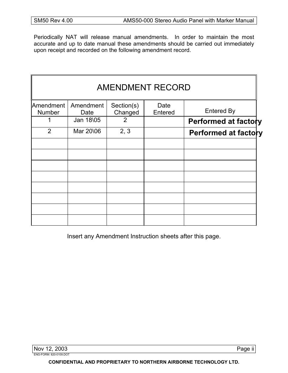 Amendment record, Performed at factory | Northern Airborne Technology AMS50 User Manual | Page 3 / 54