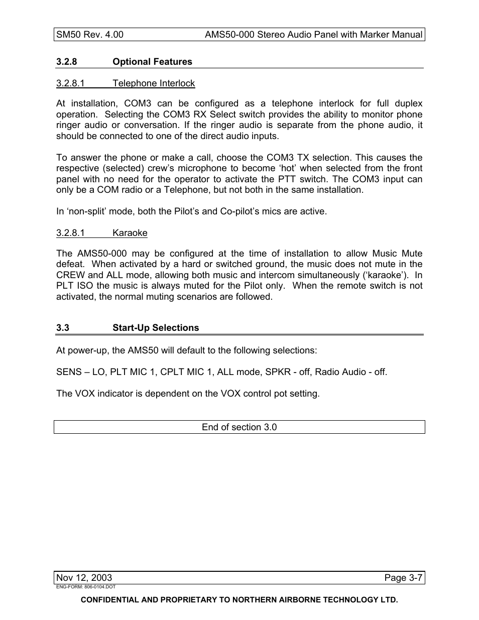 8 optional features, 3 start-up selections | Northern Airborne Technology AMS50 User Manual | Page 53 / 54