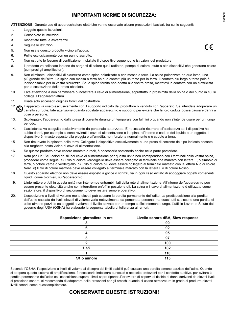 Conservate queste istruzioni, Importanti norme di sicurezza | Crest Audio CC 1800 User Manual | Page 10 / 136