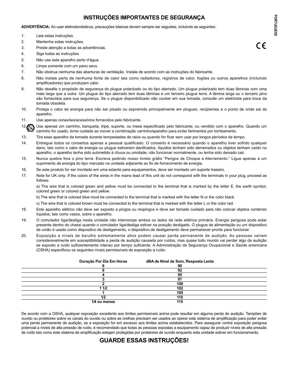Guarde essas instruções, Instruções importantes de segurança | Crest Audio CC 1800 User Manual | Page 11 / 136