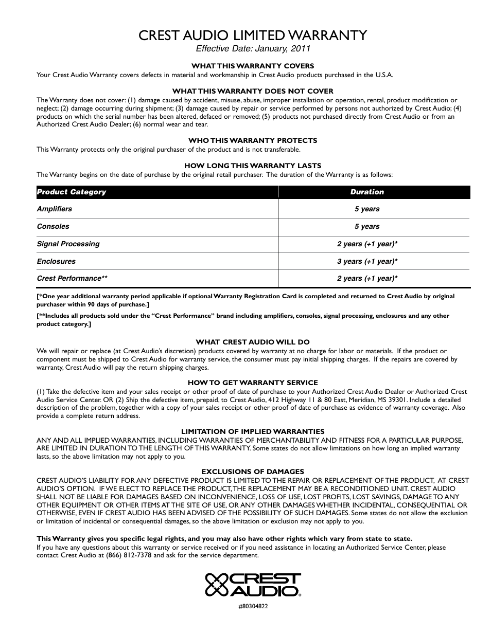 Crest audio limited warranty | Crest Audio CC 1800 User Manual | Page 131 / 136