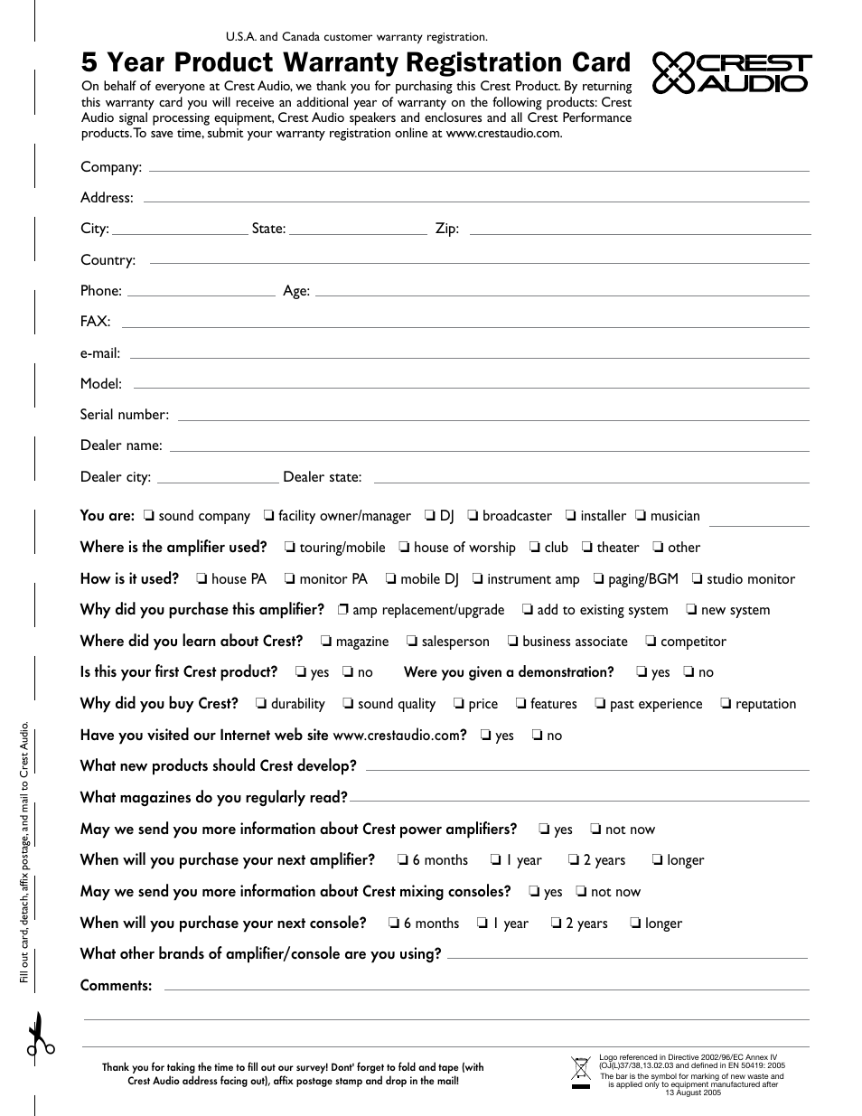 5 year product warranty registration card | Crest Audio CC 1800 User Manual | Page 135 / 136