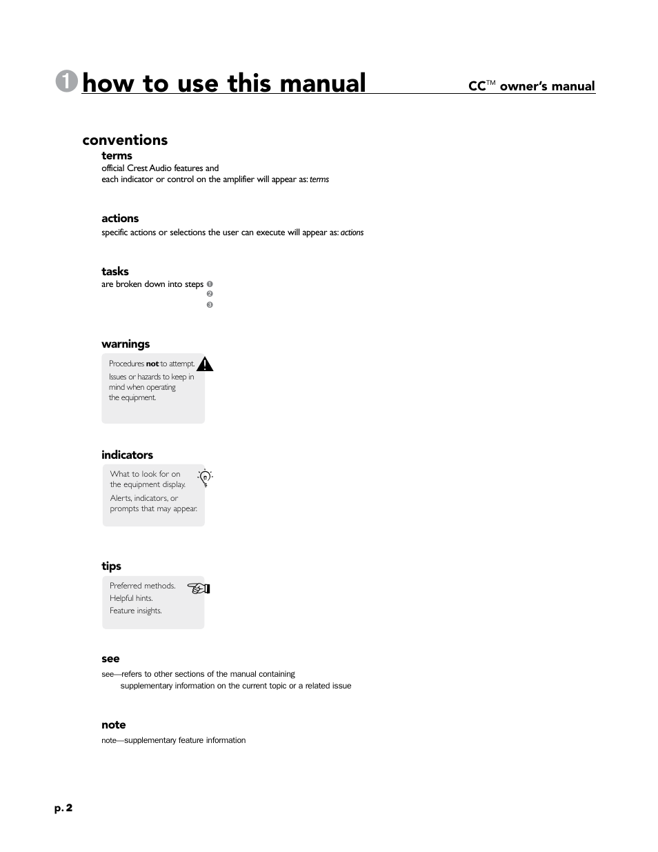 How to use this manual, Conventions | Crest Audio CC 1800 User Manual | Page 18 / 136