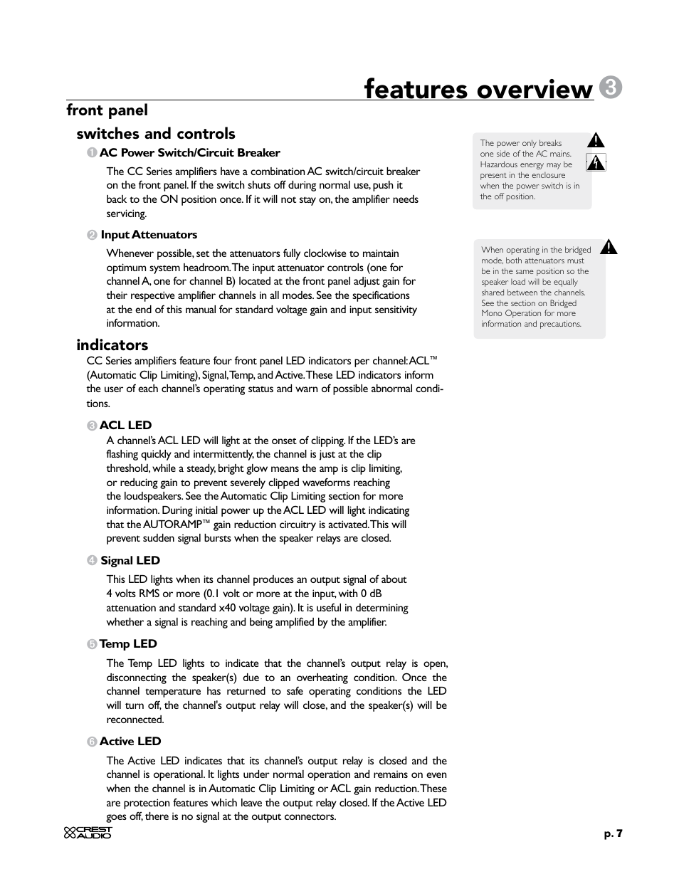 Features overview, Front panel switches and controls, Indicators | Crest Audio CC 1800 User Manual | Page 23 / 136