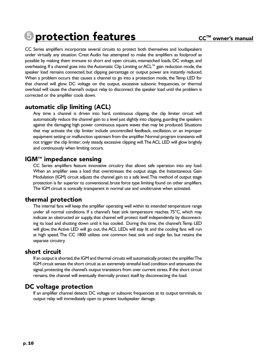 Protection features | Crest Audio CC 1800 User Manual | Page 26 / 136