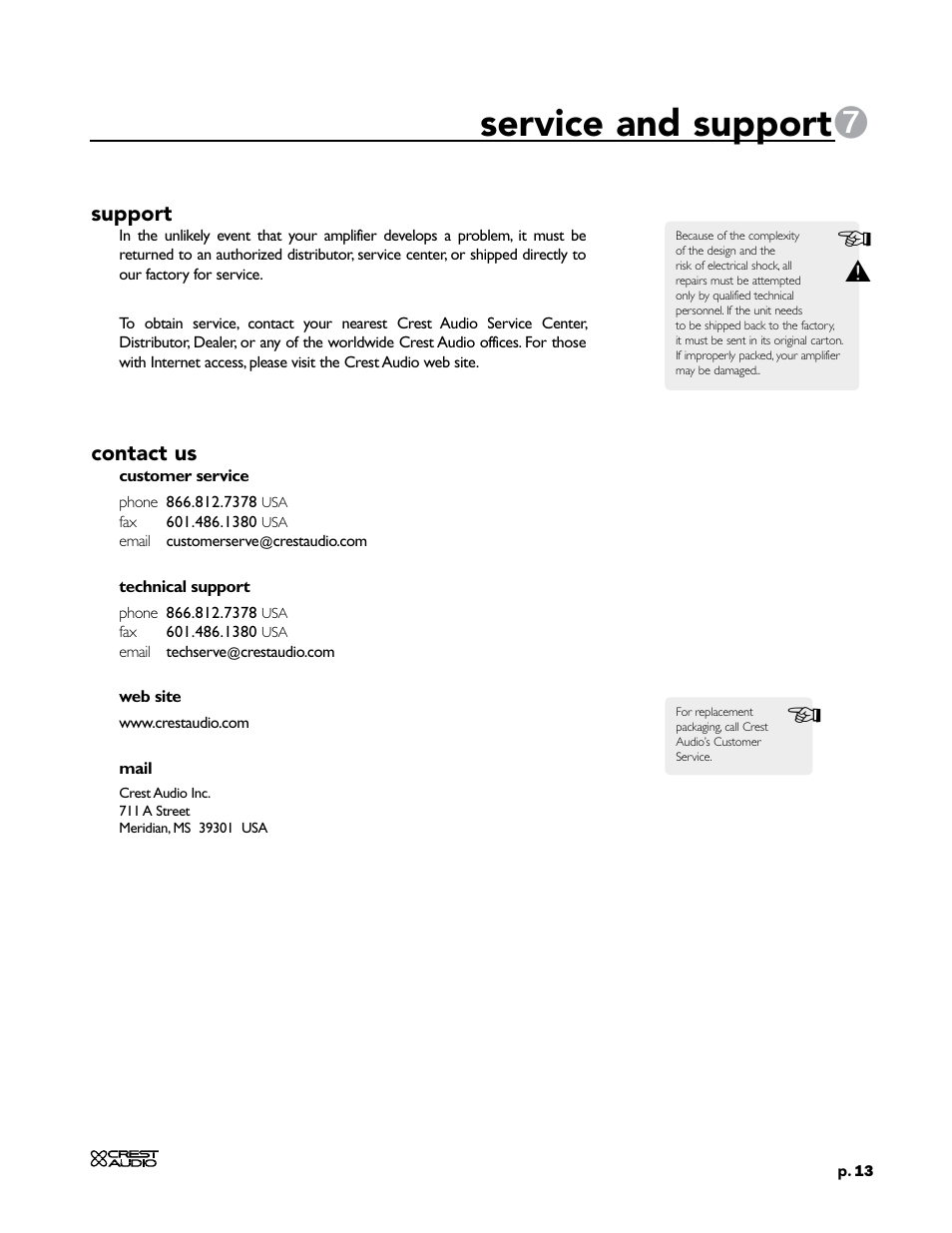 Service and support | Crest Audio CC 1800 User Manual | Page 29 / 136