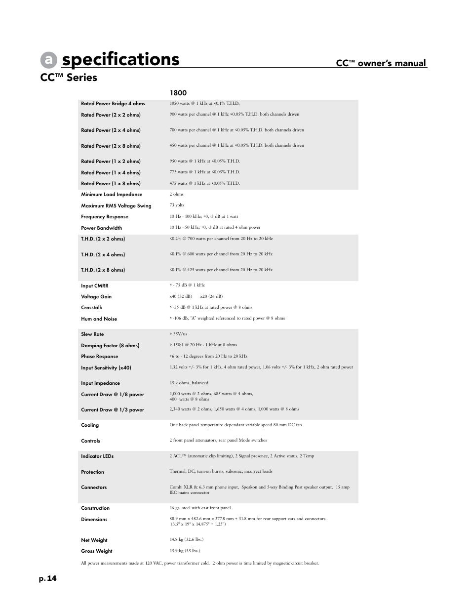 Specifications, Series, Owner’s manual | P. 14 | Crest Audio CC 1800 User Manual | Page 30 / 136