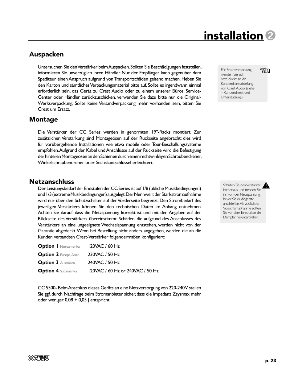 Installation | Crest Audio CC 1800 User Manual | Page 39 / 136