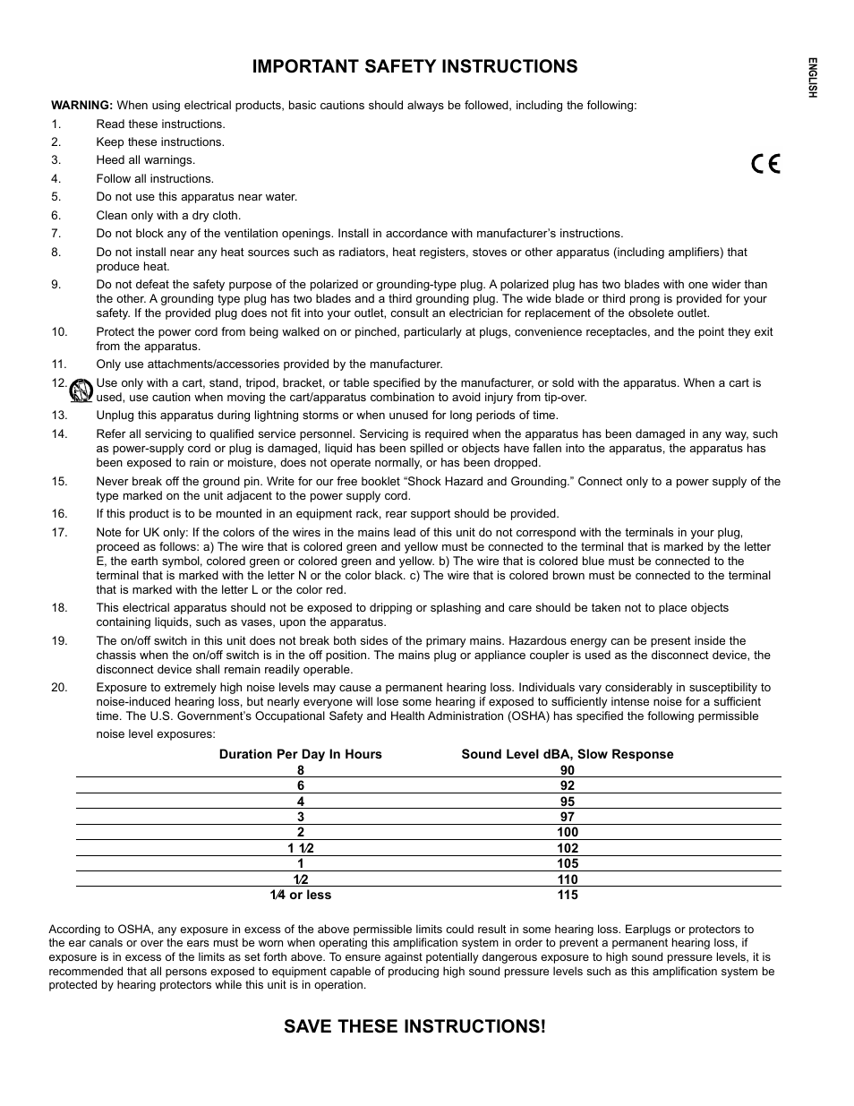 Important safety instructions, Save these instructions | Crest Audio CC 1800 User Manual | Page 4 / 136