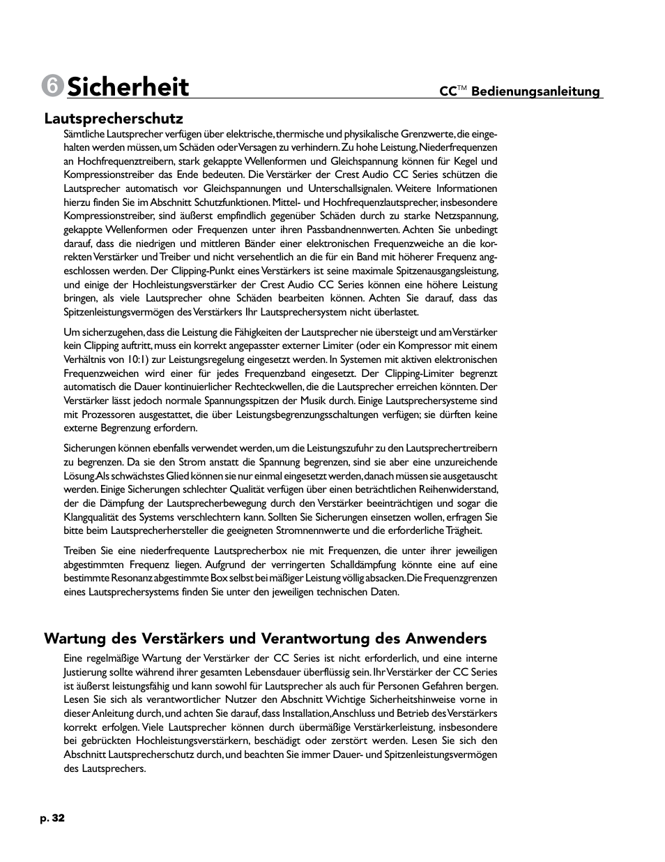 Sicherheit | Crest Audio CC 1800 User Manual | Page 48 / 136