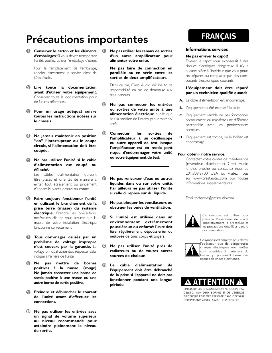 Précautions importantes, Attention, Français | Crest Audio CC 1800 User Manual | Page 55 / 136