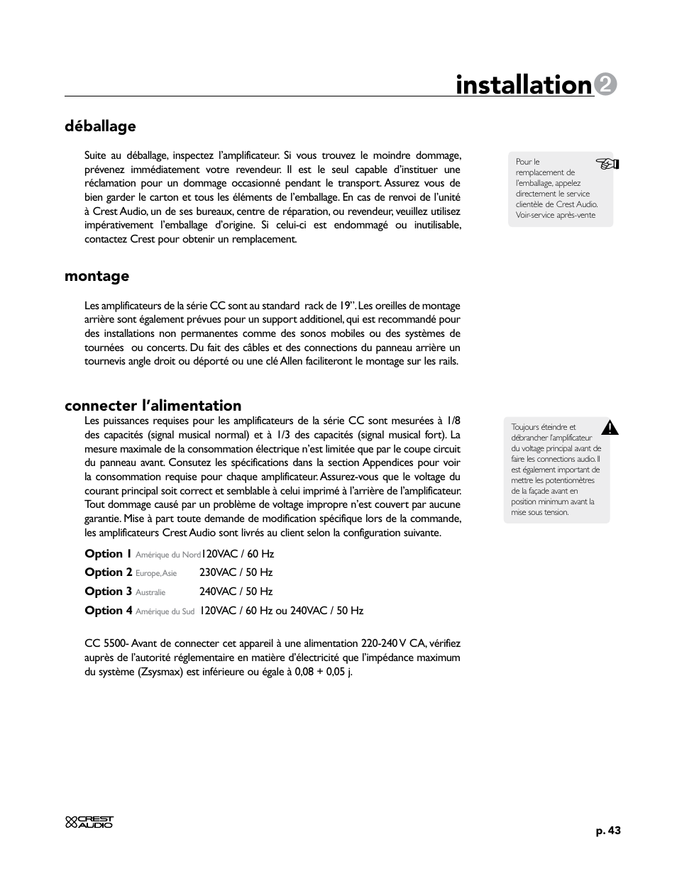Installation | Crest Audio CC 1800 User Manual | Page 59 / 136