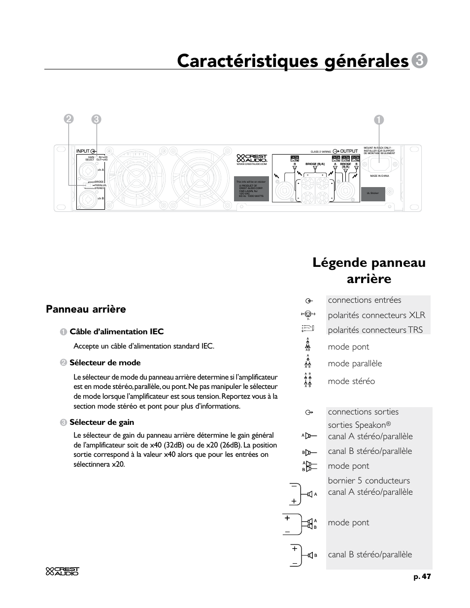 Caractéristiques générales, Légende panneau arrière, Panneau arrière | Crest Audio CC 1800 User Manual | Page 63 / 136