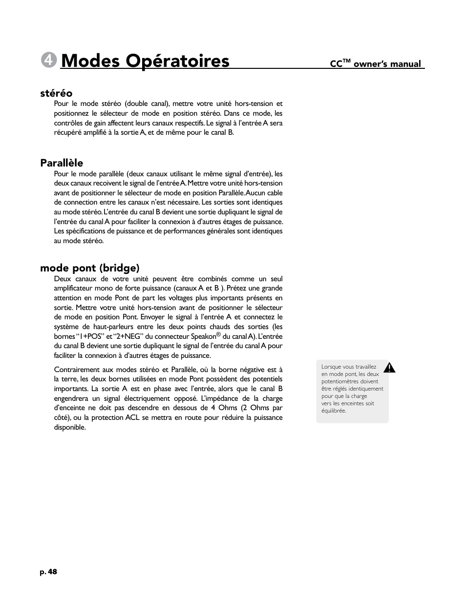 Modes opératoires | Crest Audio CC 1800 User Manual | Page 64 / 136