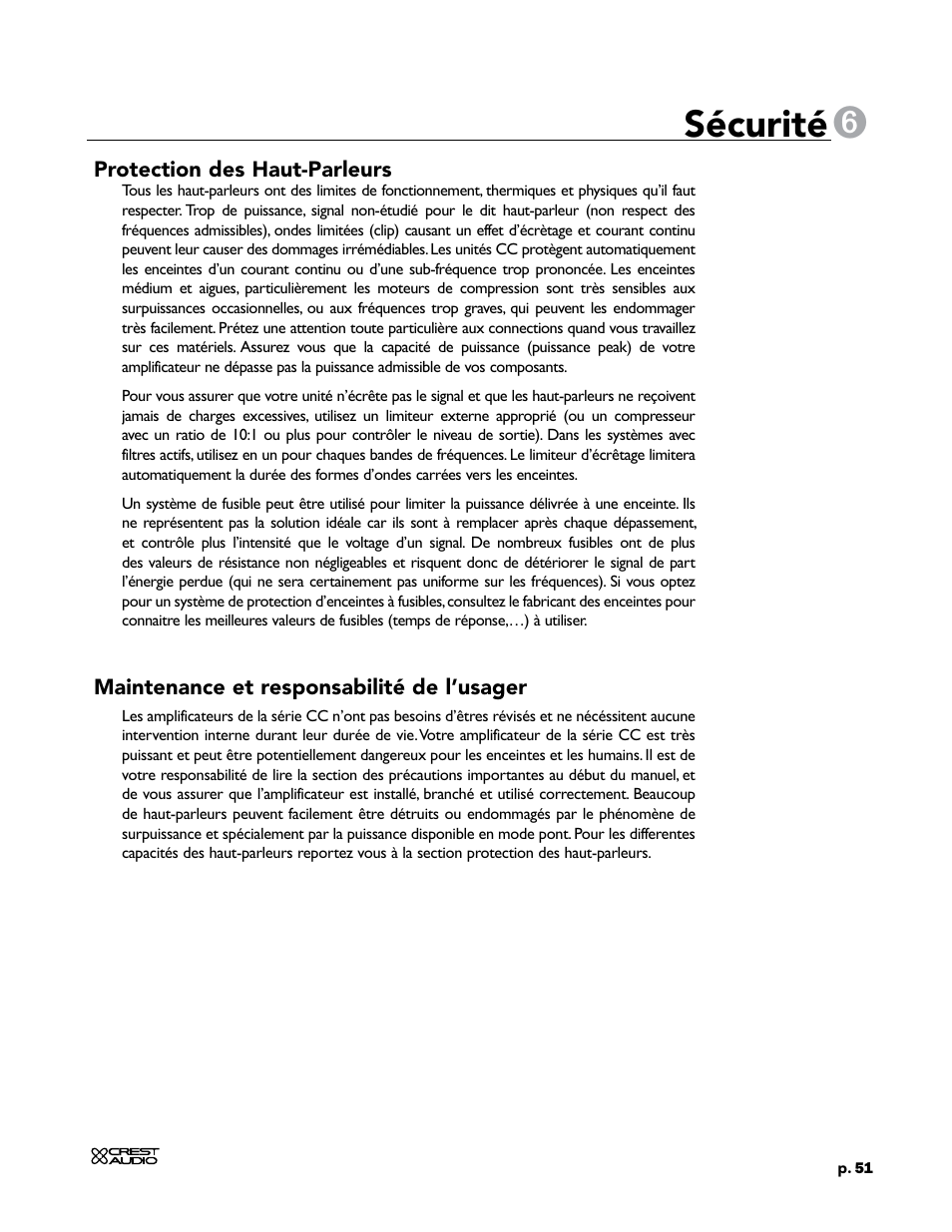 Sécurité | Crest Audio CC 1800 User Manual | Page 67 / 136