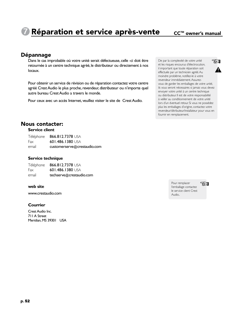 Réparation et service après-vente | Crest Audio CC 1800 User Manual | Page 68 / 136