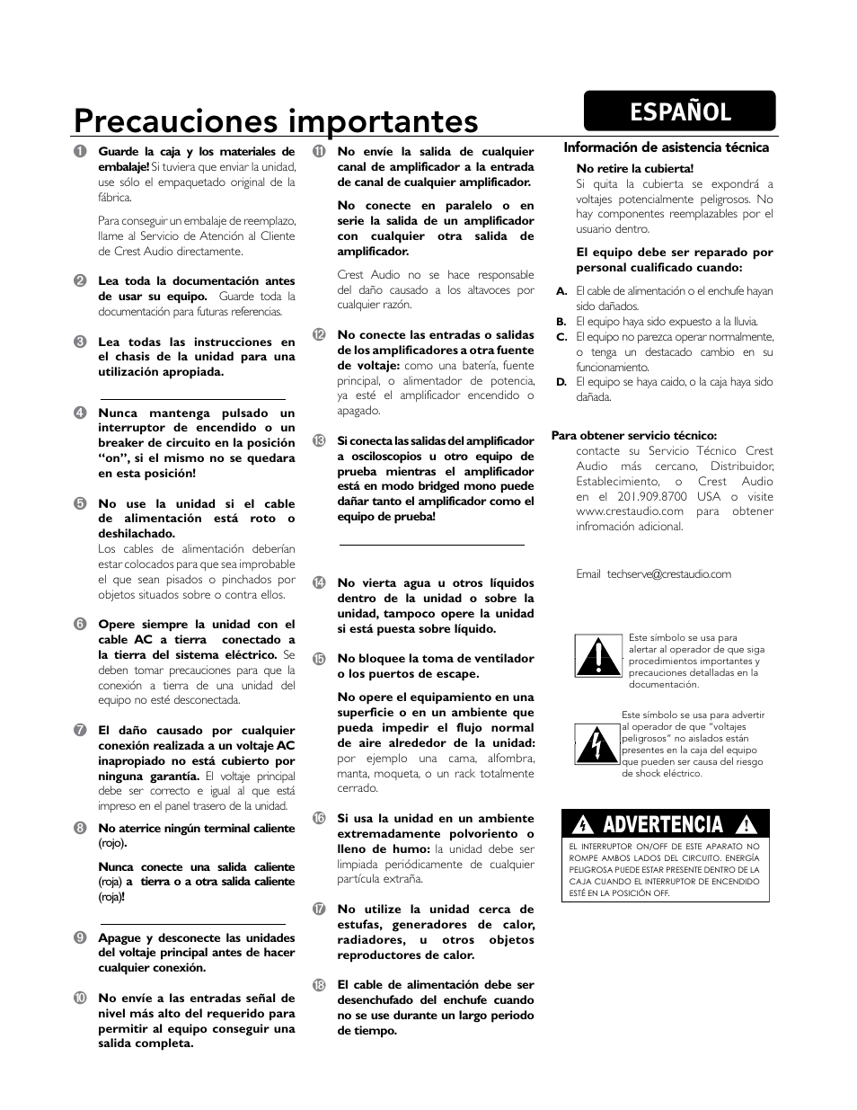 Precauciones importantes, Español, Advertencia | Crest Audio CC 1800 User Manual | Page 74 / 136