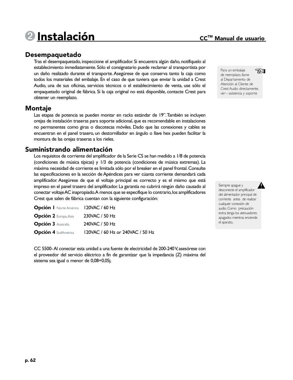 Instalación | Crest Audio CC 1800 User Manual | Page 78 / 136