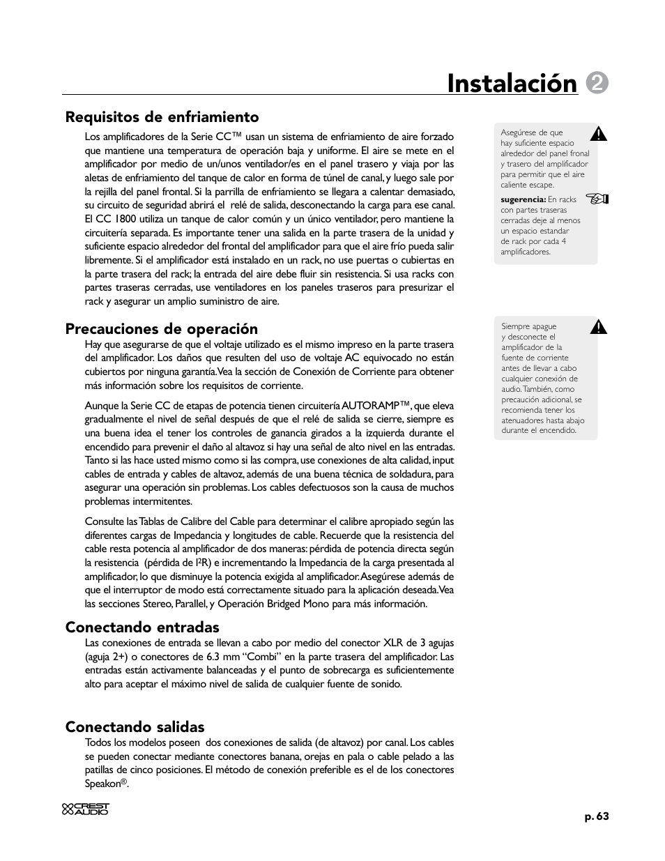 Instalación | Crest Audio CC 1800 User Manual | Page 79 / 136