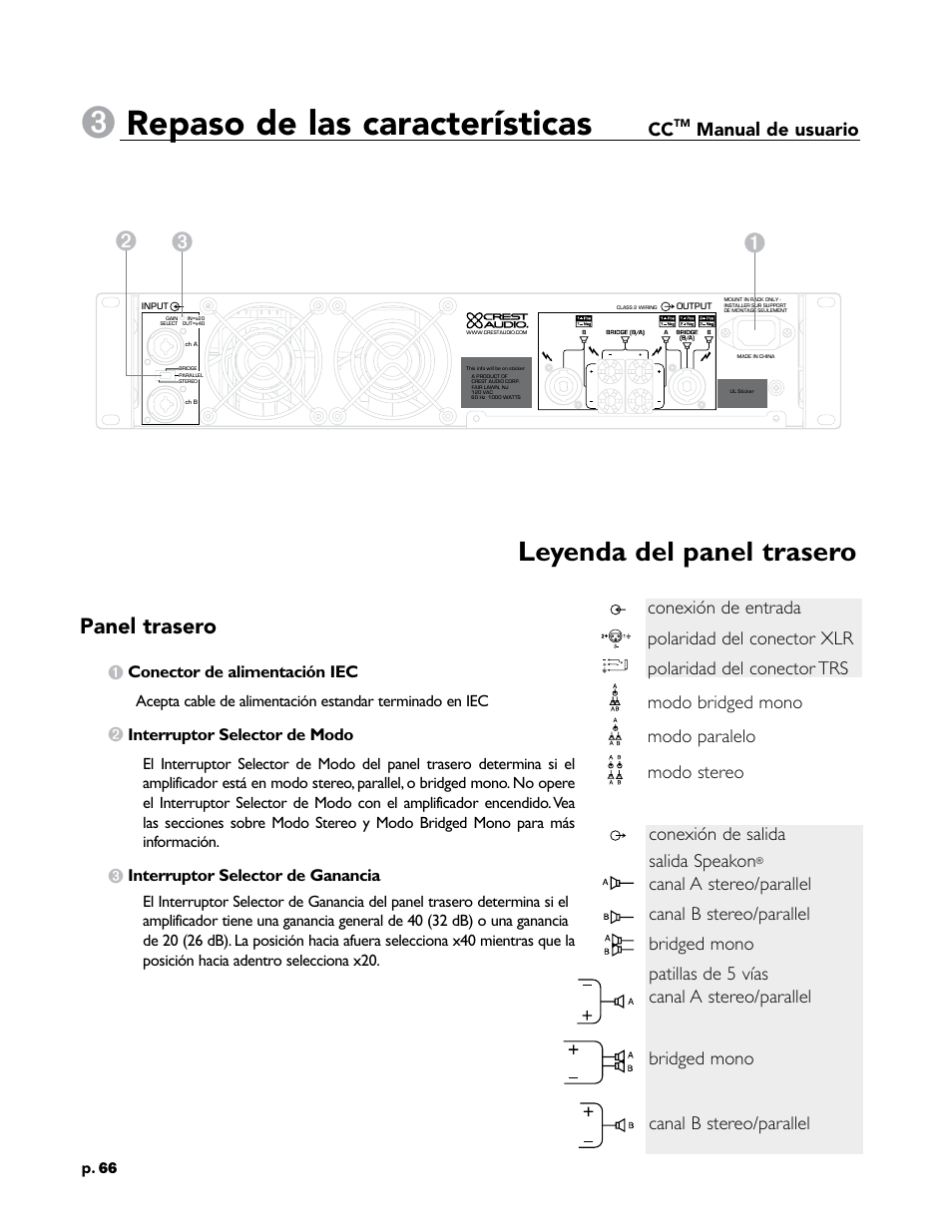 Repaso de las características, Leyenda del panel trasero, Panel trasero | Manual de usuario | Crest Audio CC 1800 User Manual | Page 82 / 136