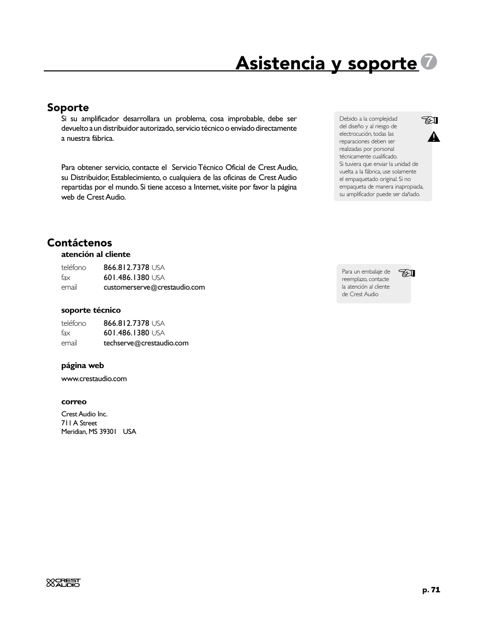Asistencia y soporte | Crest Audio CC 1800 User Manual | Page 87 / 136