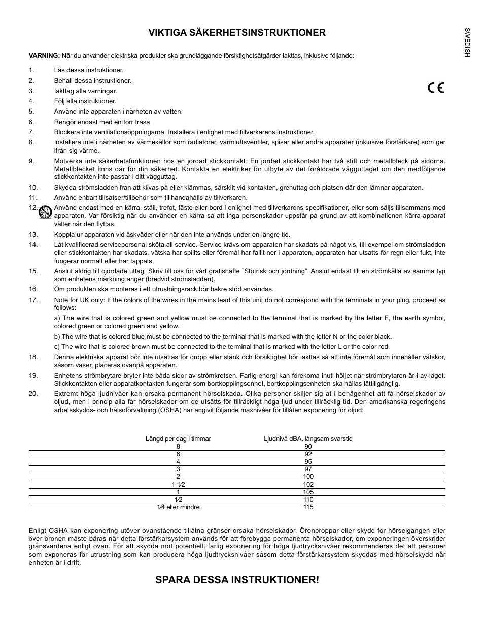 Spara dessa instruktioner, Viktiga säkerhetsinstruktioner | Crest Audio CC 1800 User Manual | Page 9 / 136