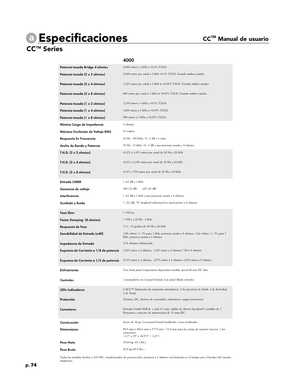 Especificaciones, Series, Manual de usuario | P. 74 | Crest Audio CC 1800 User Manual | Page 90 / 136