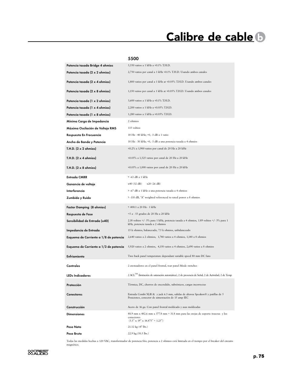 Calibre de cable, P. 75 | Crest Audio CC 1800 User Manual | Page 91 / 136