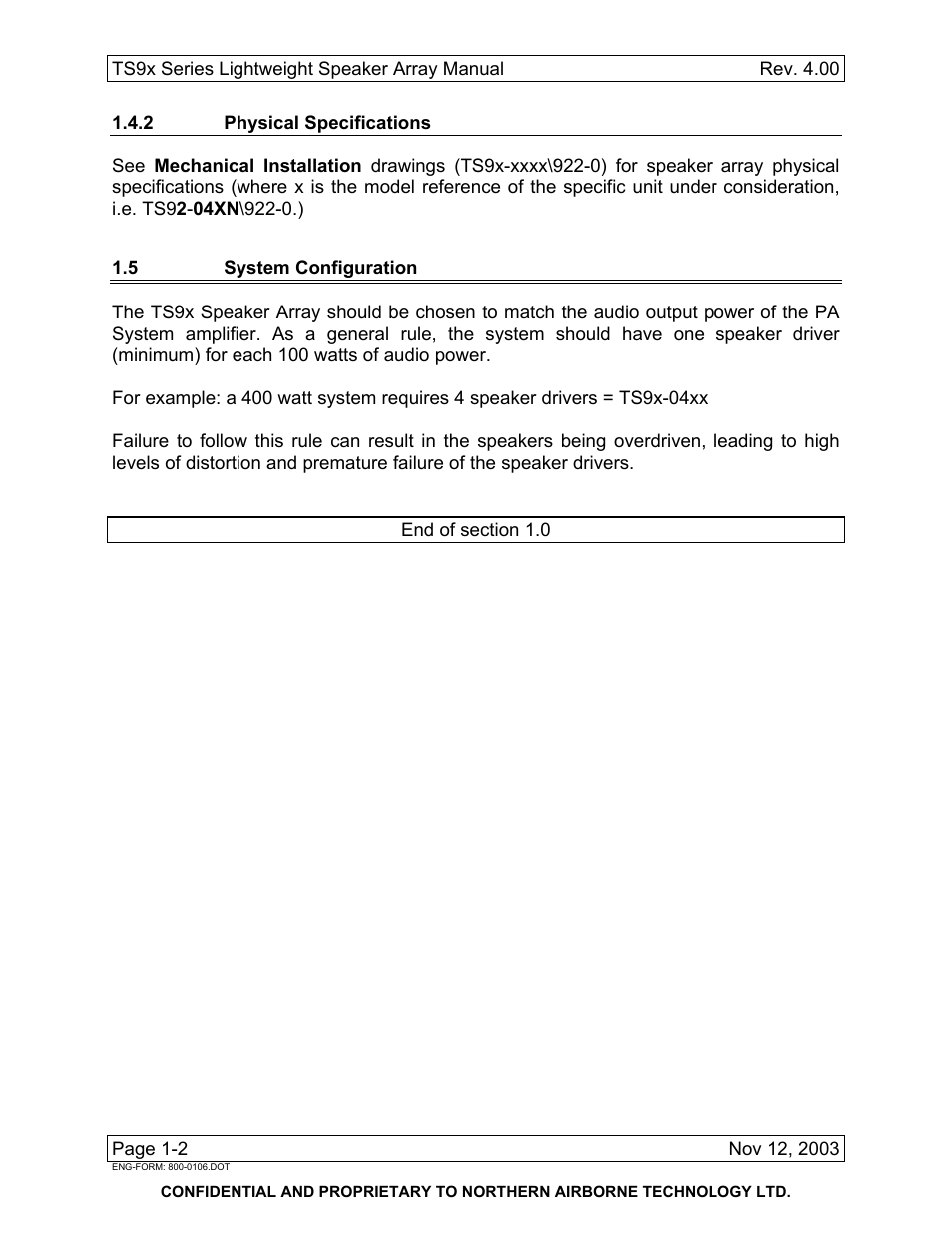 2 physical specifications, 5 system configuration | Northern Airborne Technology TS9x User Manual | Page 6 / 23