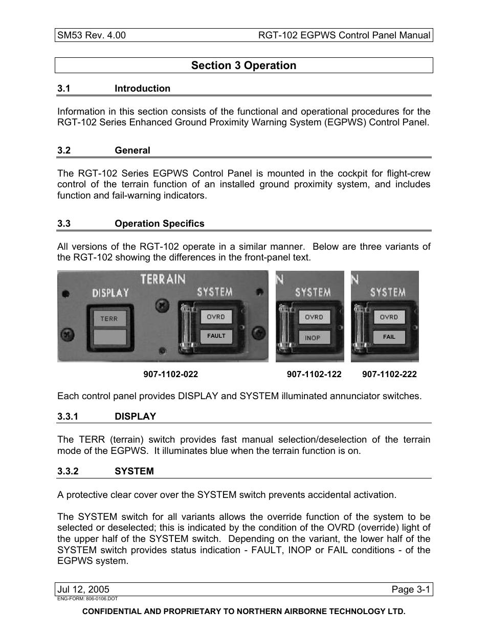 Operation, 1 introduction, 2 general | 3 operation specifics, 1 display, 2 system | Northern Airborne Technology RGT-102 User Manual | Page 17 / 18