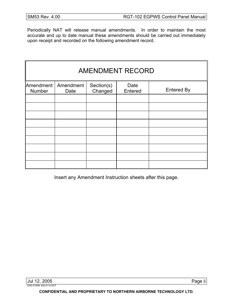 Amendment record | Northern Airborne Technology RGT-102 User Manual | Page 2 / 18