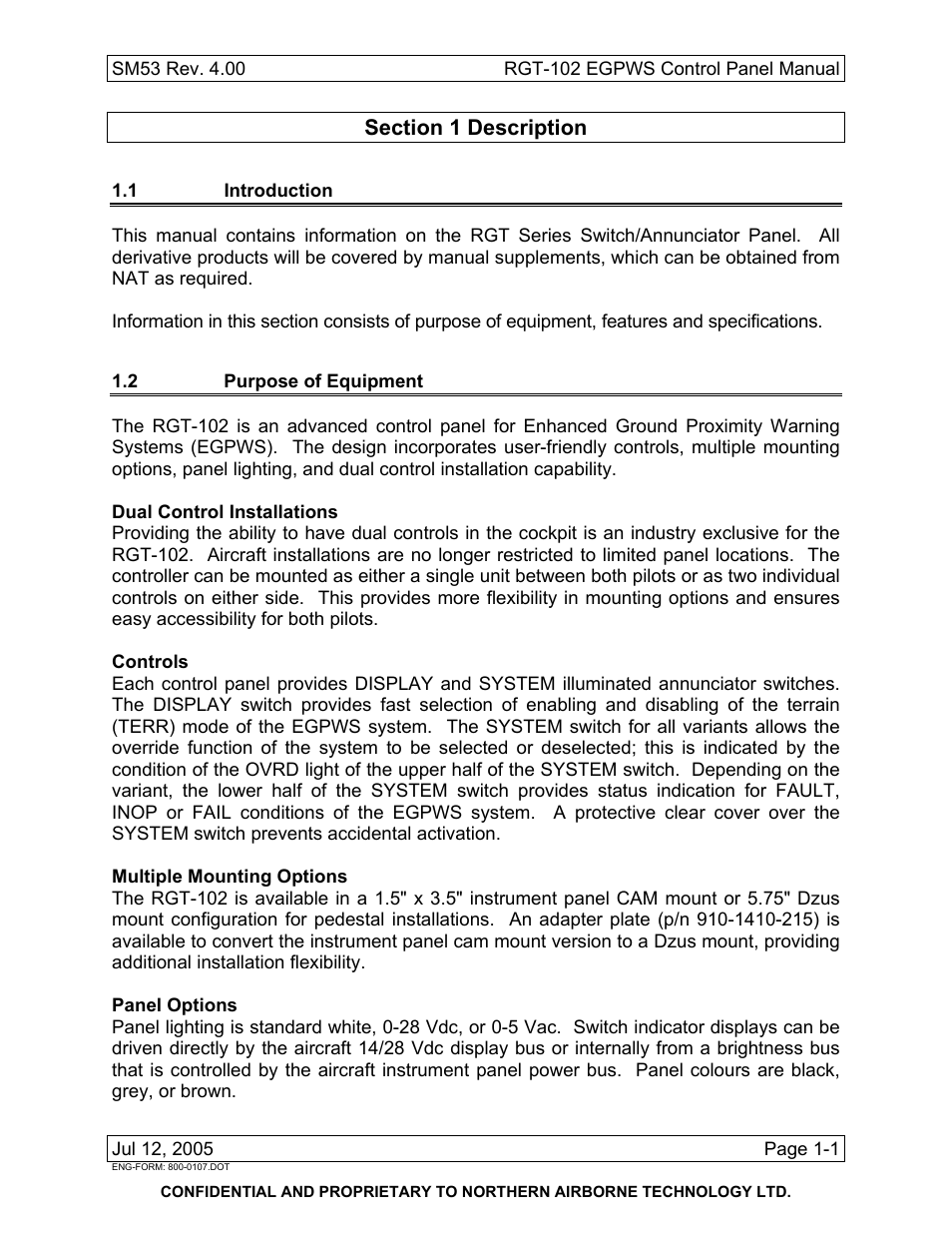 Description, 1 introduction, 2 purpose of equipment | Northern Airborne Technology RGT-102 User Manual | Page 4 / 18