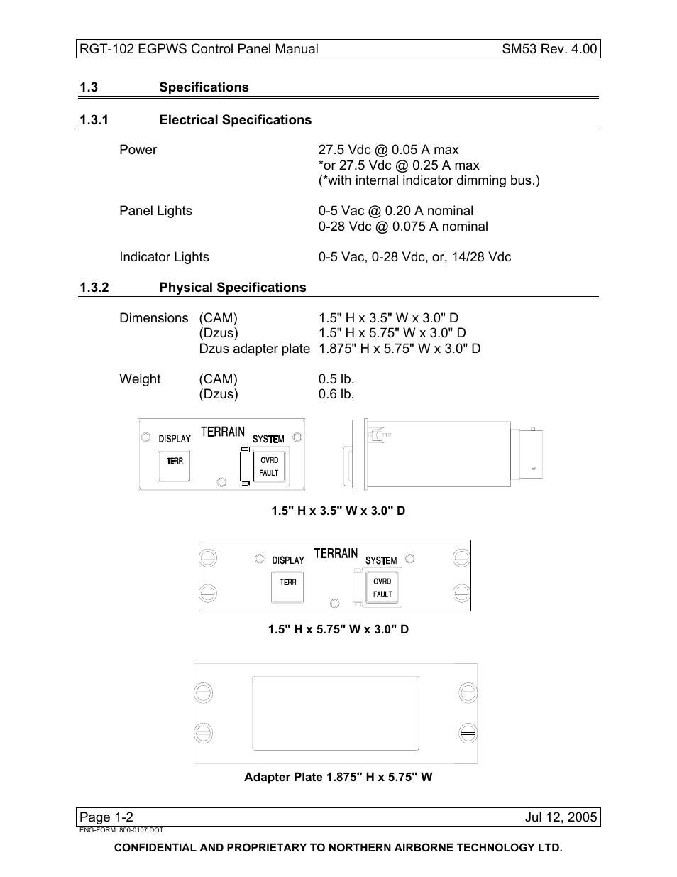 3 specifications, 1 electrical specifications, 2 physical specifications | Northern Airborne Technology RGT-102 User Manual | Page 5 / 18