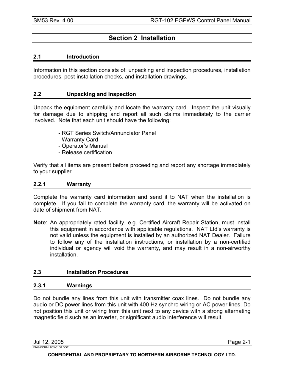 Installation, 1 introduction, 2 unpacking and inspection | 1 warranty, 3 installation procedures, 1 warnings | Northern Airborne Technology RGT-102 User Manual | Page 7 / 18