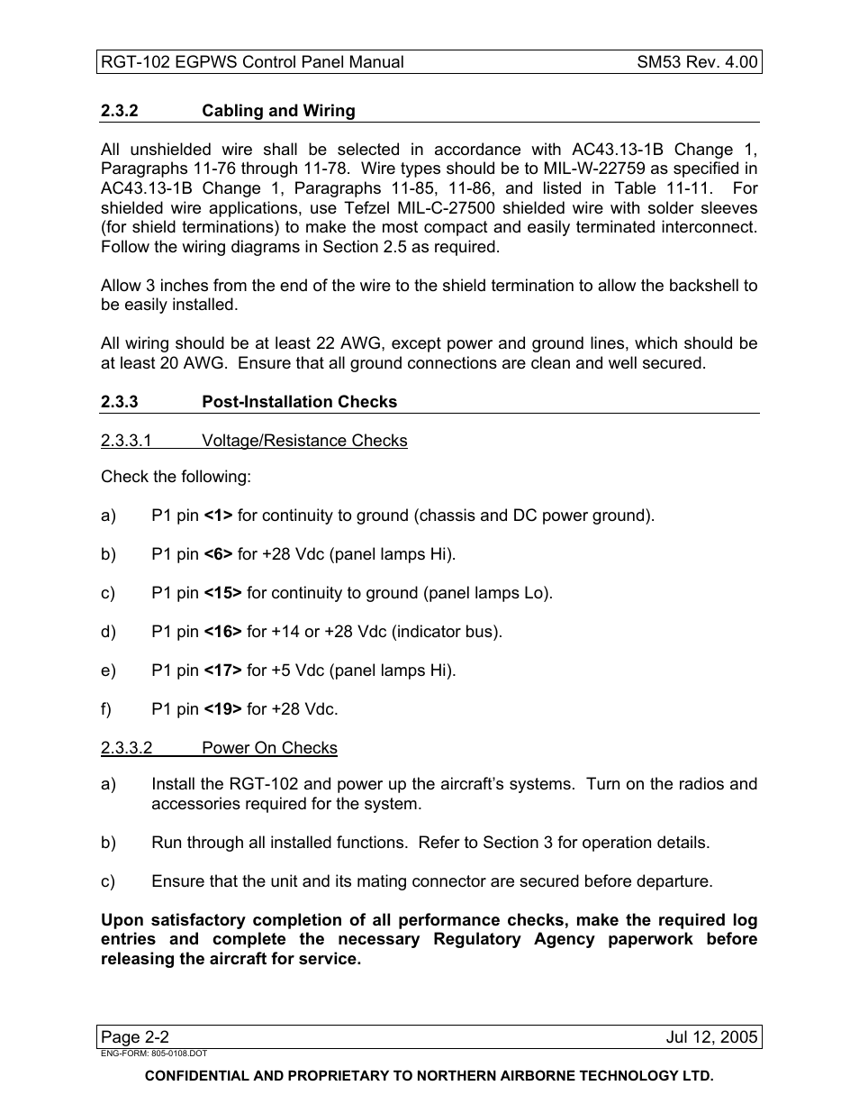 2 cabling and wiring, 3 post-installation checks | Northern Airborne Technology RGT-102 User Manual | Page 8 / 18