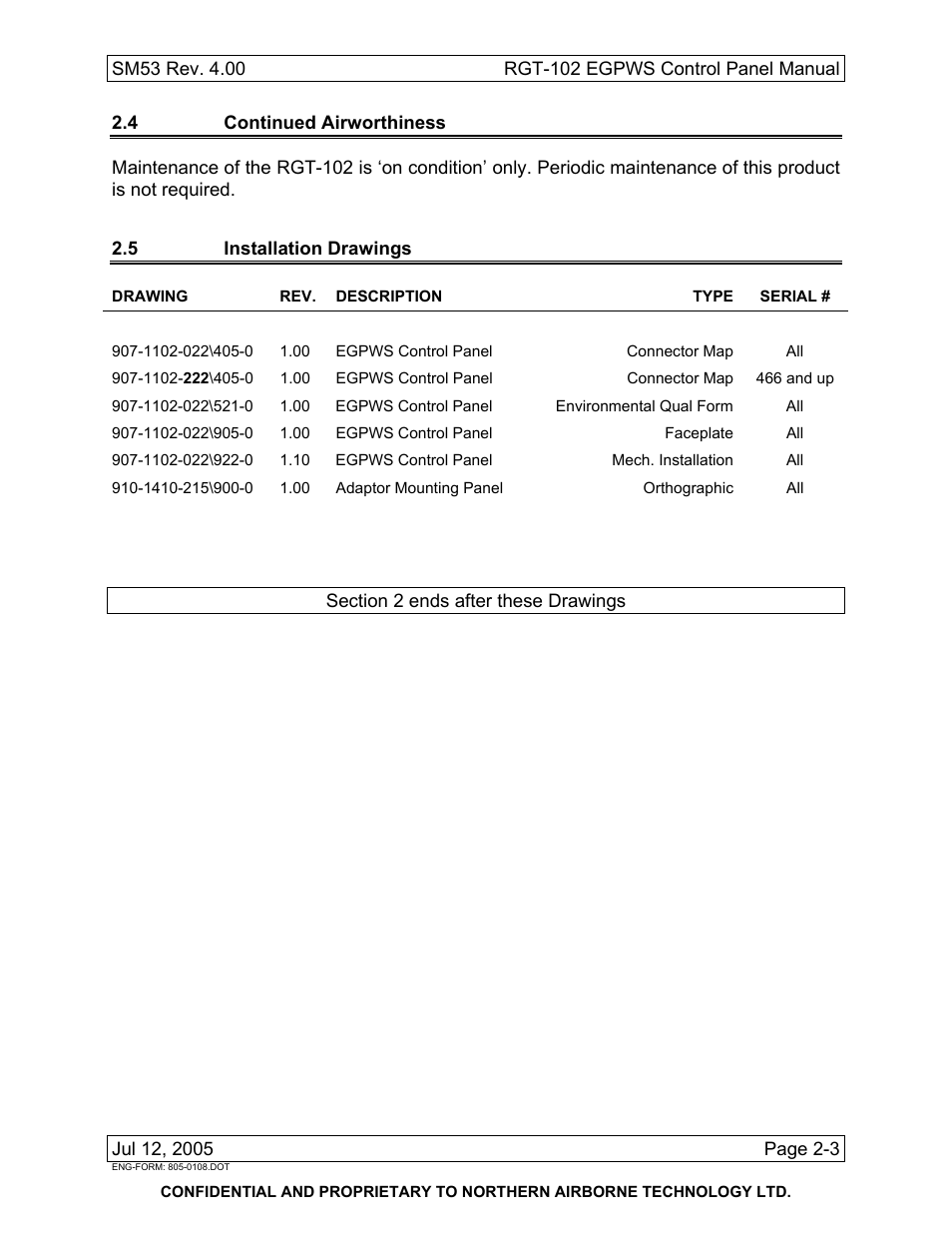 4 continued airworthiness, 5 installation drawings | Northern Airborne Technology RGT-102 User Manual | Page 9 / 18