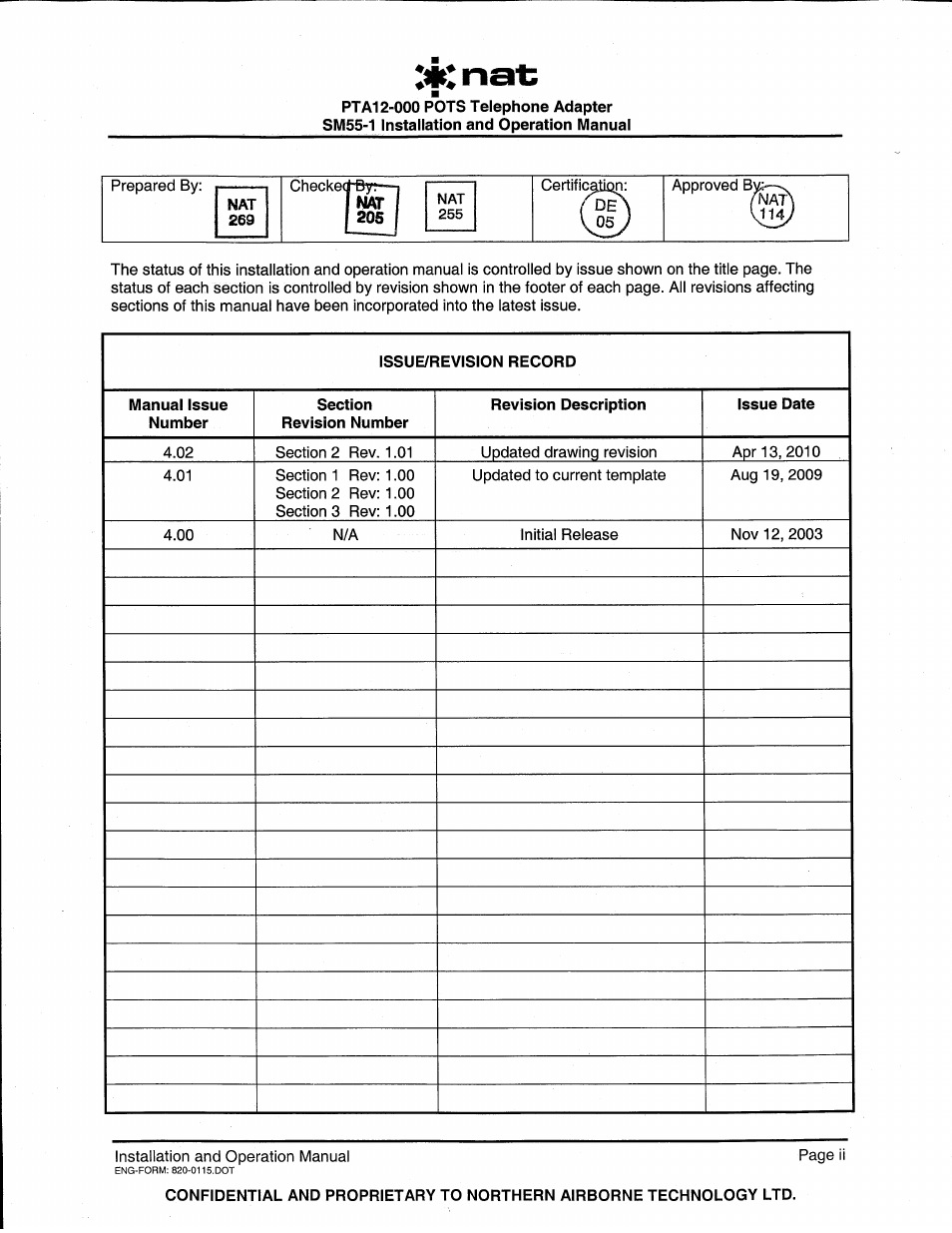 Issue/revision record | Northern Airborne Technology PTA12-0xx User Manual | Page 2 / 18