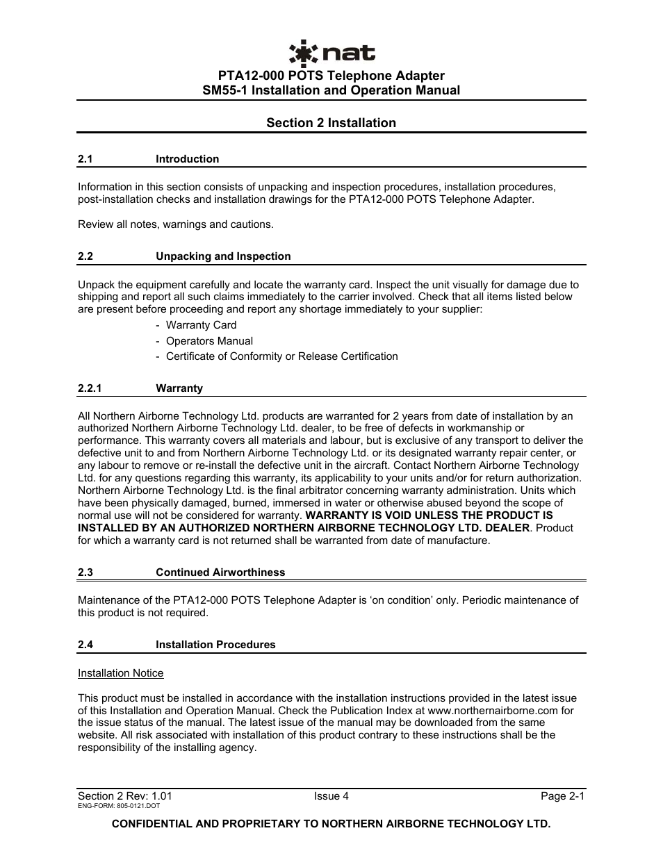 Installation, 1 introduction, 2 unpacking and inspection | 1 warranty, 3 continued airworthiness, 4 installation procedures | Northern Airborne Technology PTA12-0xx User Manual | Page 8 / 18