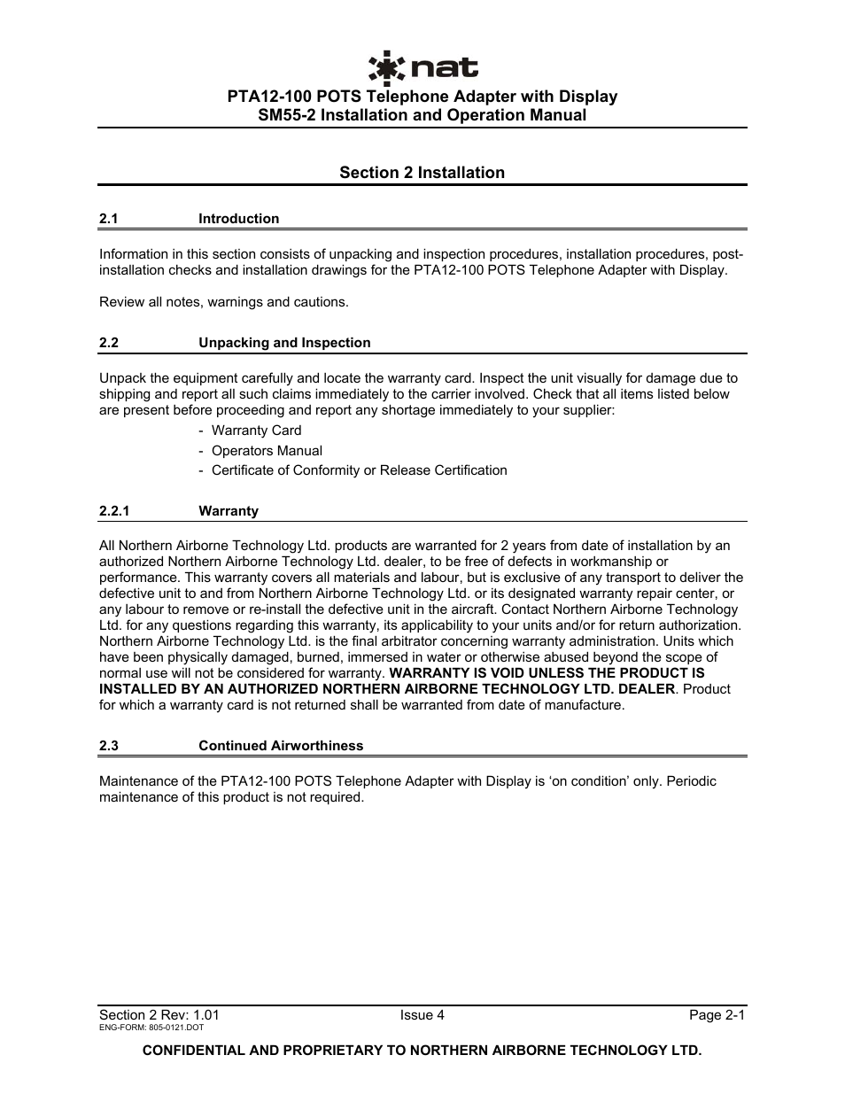 Installation, 1 introduction, 2 unpacking and inspection | 1 warranty, 3 continued airworthiness | Northern Airborne Technology PTA12-1xx User Manual | Page 10 / 32