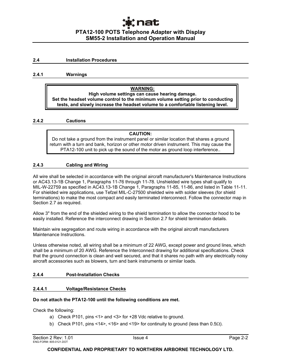 4 installation procedures, 1 warnings, 2 cautions | 3 cabling and wiring, 4 post-installation checks | Northern Airborne Technology PTA12-1xx User Manual | Page 11 / 32