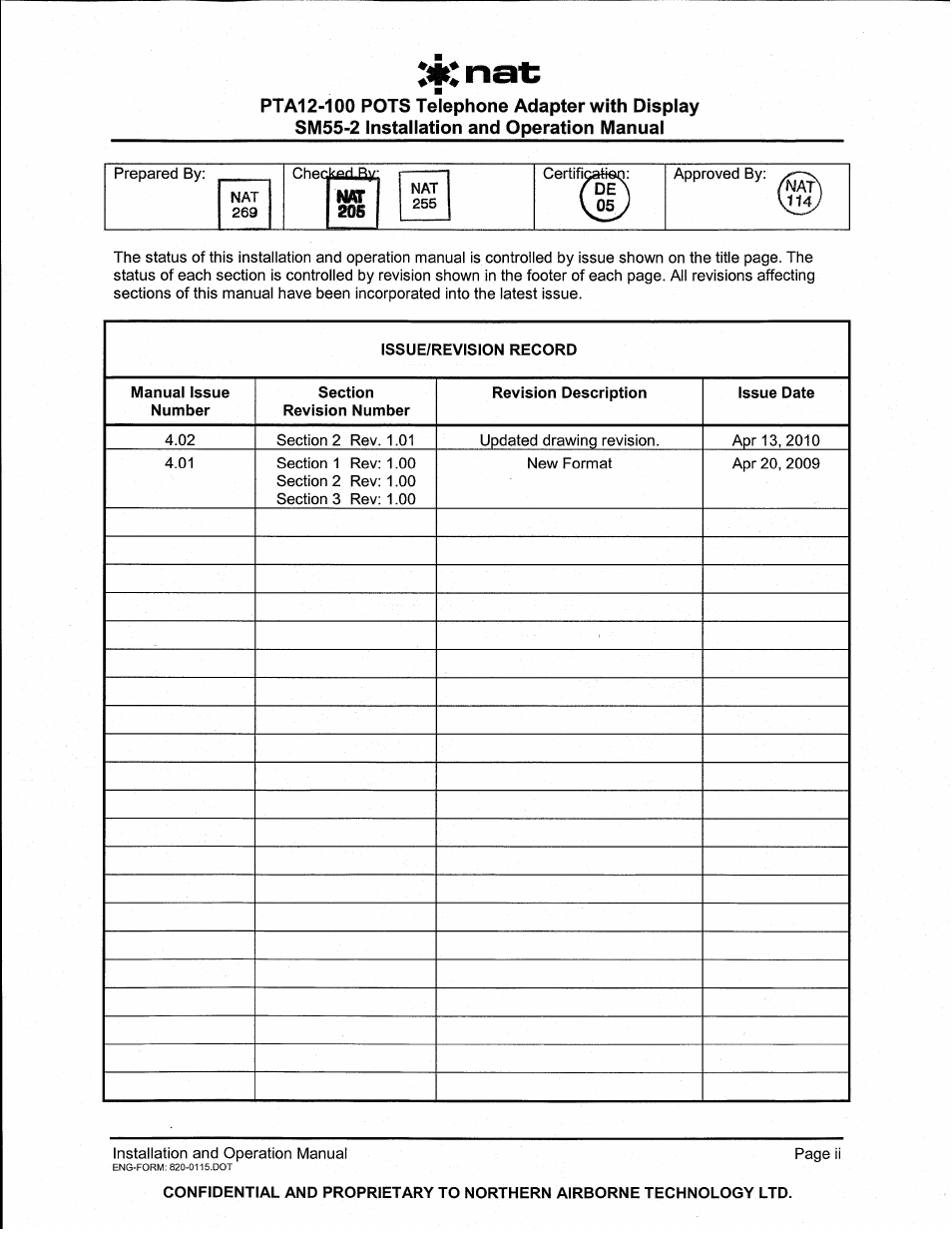Issue/revision record | Northern Airborne Technology PTA12-1xx User Manual | Page 2 / 32