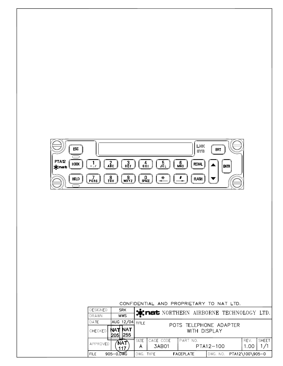 Faceplate | Northern Airborne Technology PTA12-1xx User Manual | Page 20 / 32